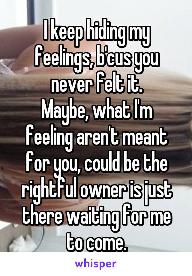 I keep hiding my feelings, b'cus you never felt it.
Maybe, what I'm feeling aren't meant for you, could be the rightful owner is just there waiting for me to come.