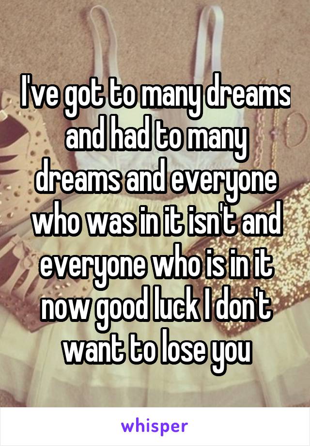 I've got to many dreams and had to many dreams and everyone who was in it isn't and everyone who is in it now good luck I don't want to lose you