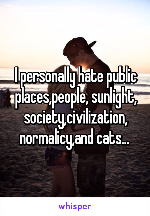 I personally hate public places,people, sunlight, society,civilization, normalicy,and cats... 