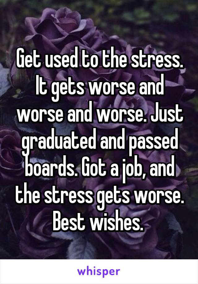 Get used to the stress. It gets worse and worse and worse. Just graduated and passed boards. Got a job, and the stress gets worse. Best wishes. 