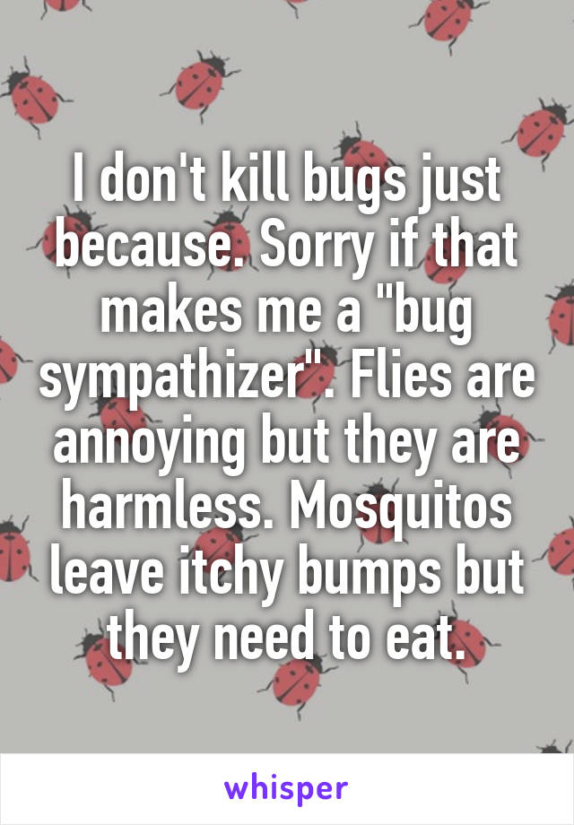 I don't kill bugs just because. Sorry if that makes me a "bug sympathizer". Flies are annoying but they are harmless. Mosquitos leave itchy bumps but they need to eat.