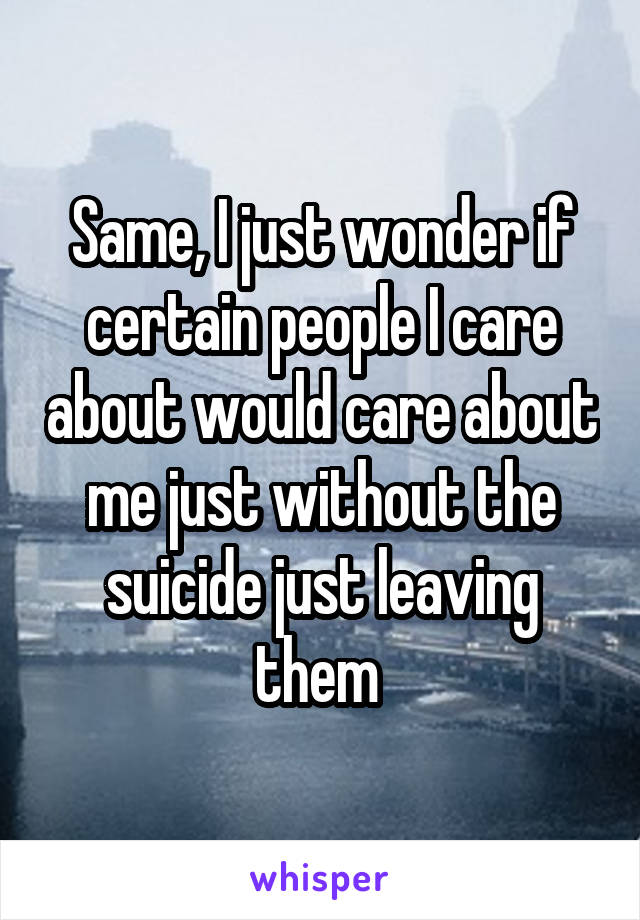 Same, I just wonder if certain people I care about would care about me just without the suicide just leaving them 