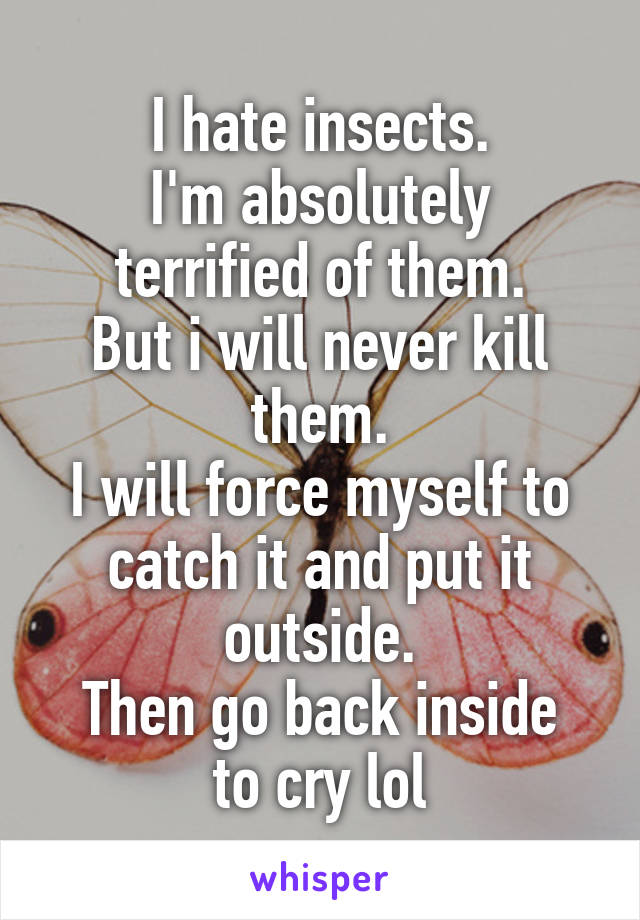 I hate insects.
I'm absolutely terrified of them.
But i will never kill them.
I will force myself to catch it and put it outside.
Then go back inside to cry lol