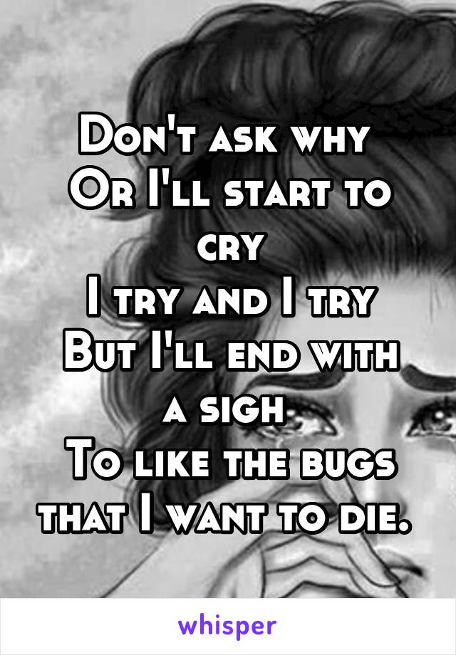 Don't ask why 
Or I'll start to cry
I try and I try
But I'll end with a sigh 
To like the bugs that I want to die. 