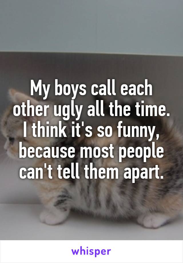 My boys call each other ugly all the time. I think it's so funny, because most people can't tell them apart.