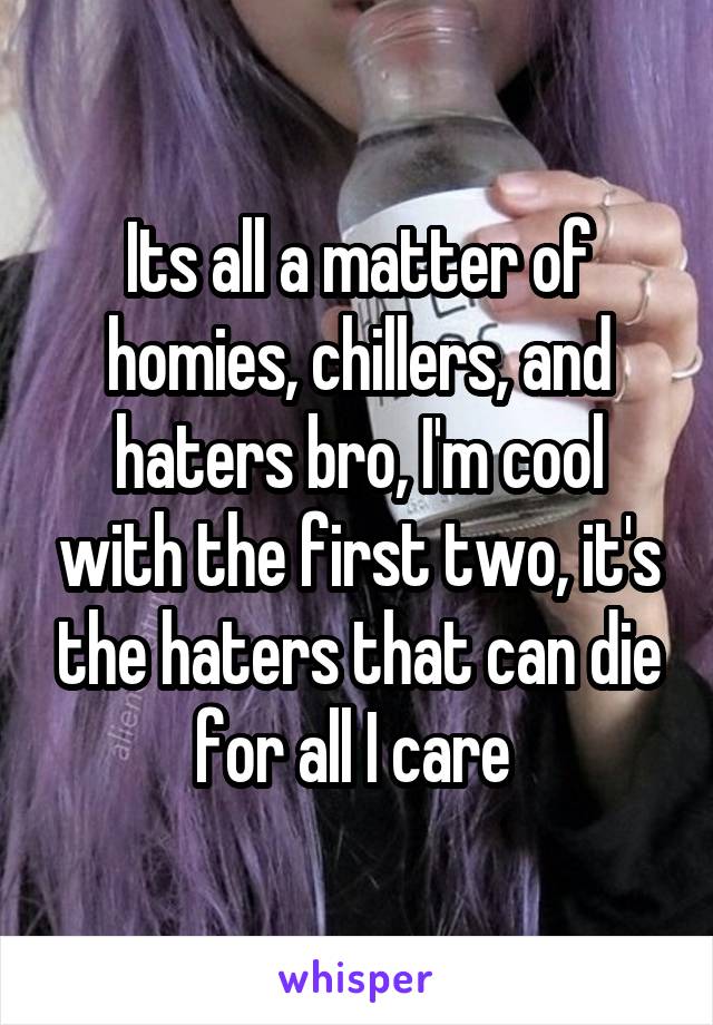 Its all a matter of homies, chillers, and haters bro, I'm cool with the first two, it's the haters that can die for all I care 