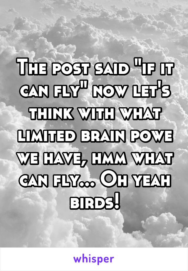 The post said "if it can fly" now let's think with what limited brain powe we have, hmm what can fly... Oh yeah birds!