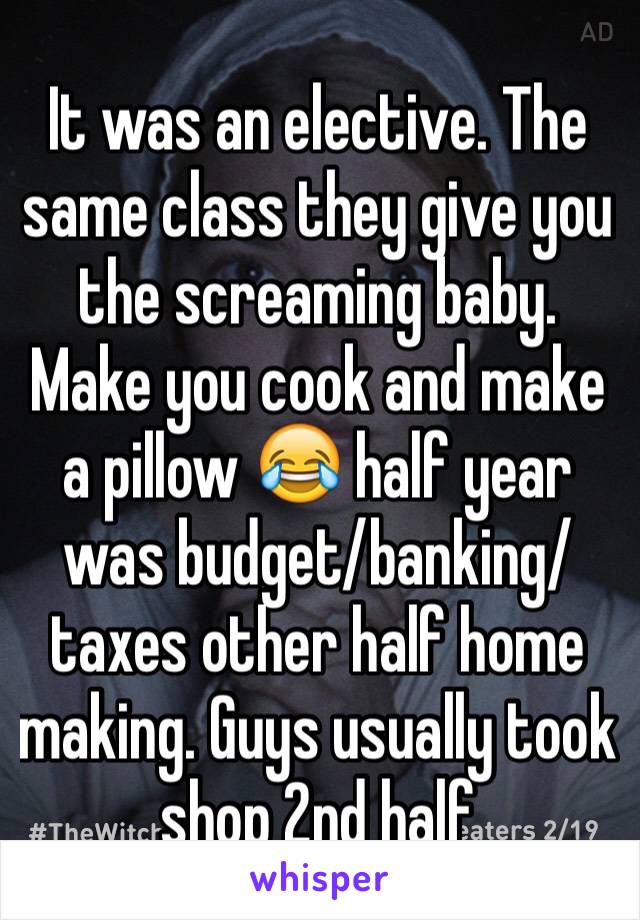 It was an elective. The same class they give you the screaming baby. Make you cook and make a pillow 😂 half year was budget/banking/taxes other half home making. Guys usually took shop 2nd half