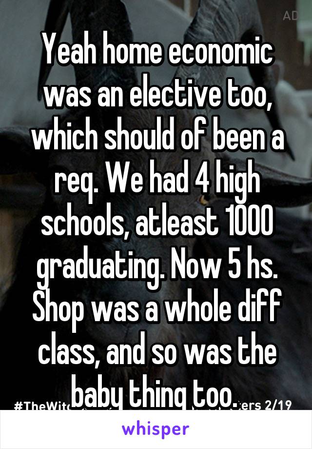 Yeah home economic was an elective too, which should of been a req. We had 4 high schools, atleast 1000 graduating. Now 5 hs. Shop was a whole diff class, and so was the baby thing too. 