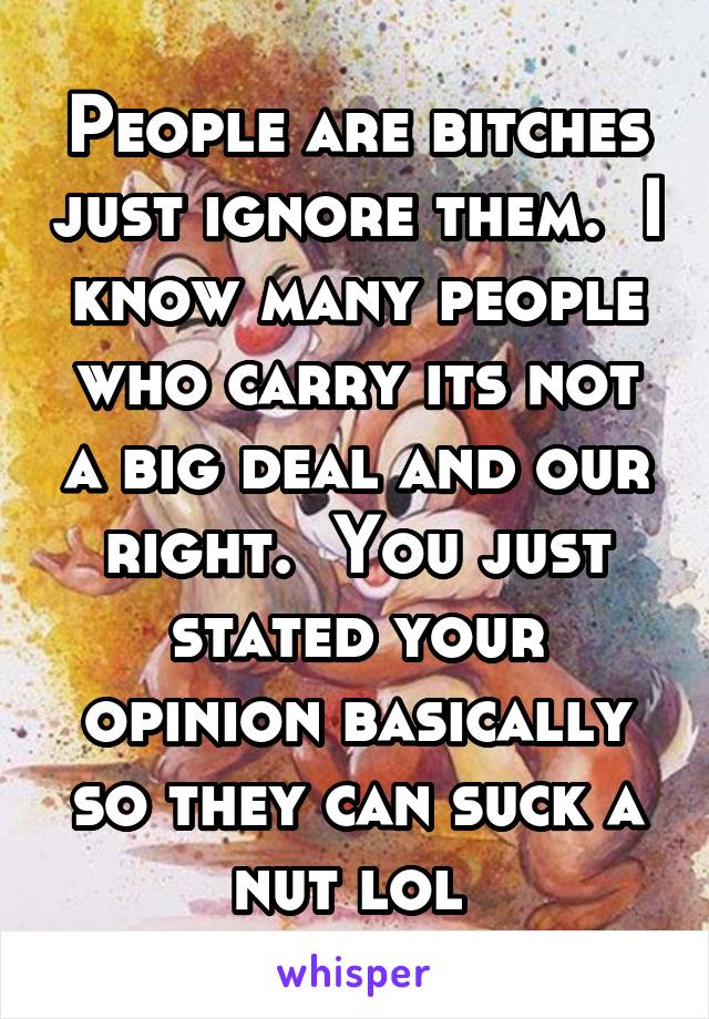 People are bitches just ignore them.  I know many people who carry its not a big deal and our right.  You just stated your opinion basically so they can suck a nut lol 