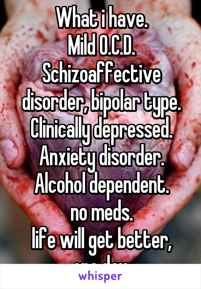 What i have.
Mild O.C.D.
Schizoaffective disorder, bipolar type.
Clinically depressed.
Anxiety disorder.
Alcohol dependent.
no meds.
life will get better, one day.