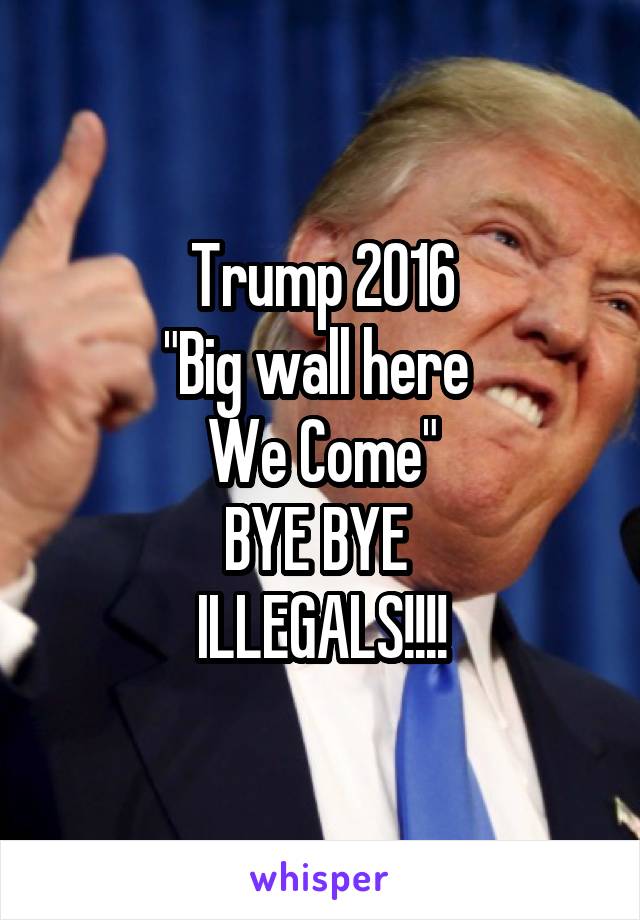 Trump 2016
"Big wall here 
We Come"
BYE BYE 
ILLEGALS!!!!