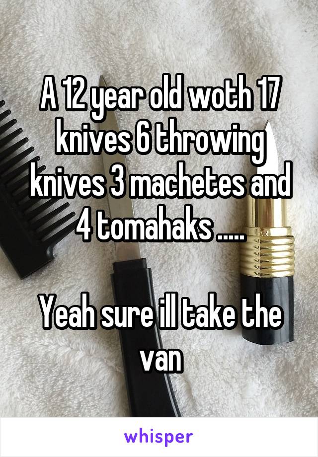 A 12 year old woth 17 knives 6 throwing knives 3 machetes and 4 tomahaks .....

Yeah sure ill take the van