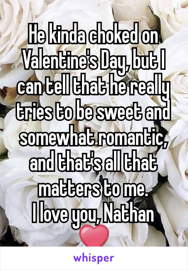 He kinda choked on Valentine's Day, but I can tell that he really tries to be sweet and somewhat romantic, and that's all that matters to me.
I love you, Nathan
❤