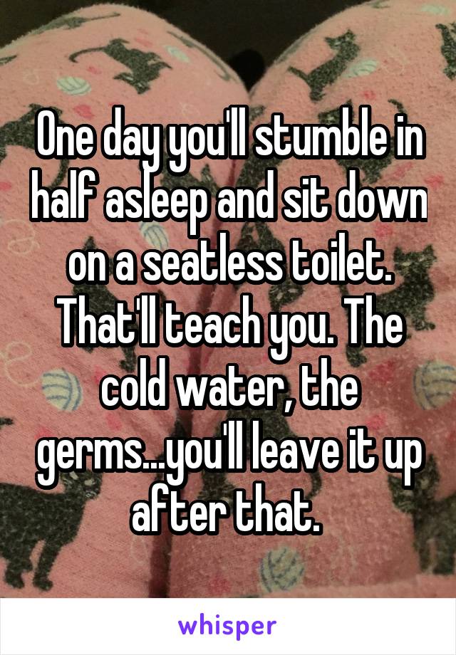 One day you'll stumble in half asleep and sit down on a seatless toilet. That'll teach you. The cold water, the germs...you'll leave it up after that. 