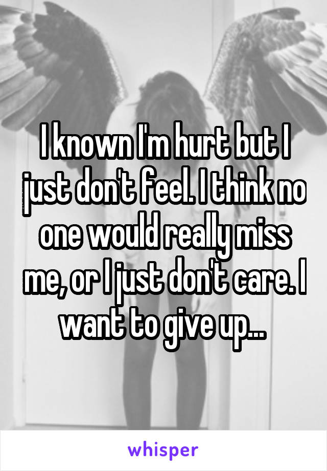 I known I'm hurt but I just don't feel. I think no one would really miss me, or I just don't care. I want to give up... 