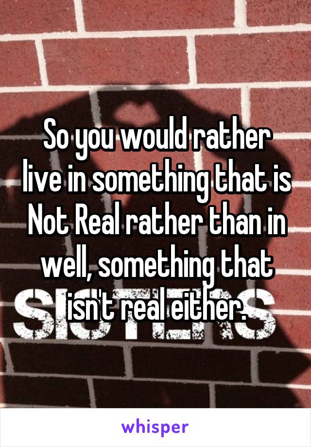 So you would rather live in something that is Not Real rather than in well, something that isn't real either.