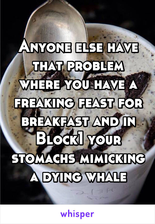 Anyone else have that problem where you have a freaking feast for breakfast and in Block1 your stomachs mimicking a dying whale