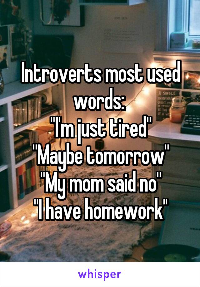 Introverts most used words: 
"I'm just tired"
"Maybe tomorrow"
"My mom said no"
"I have homework"