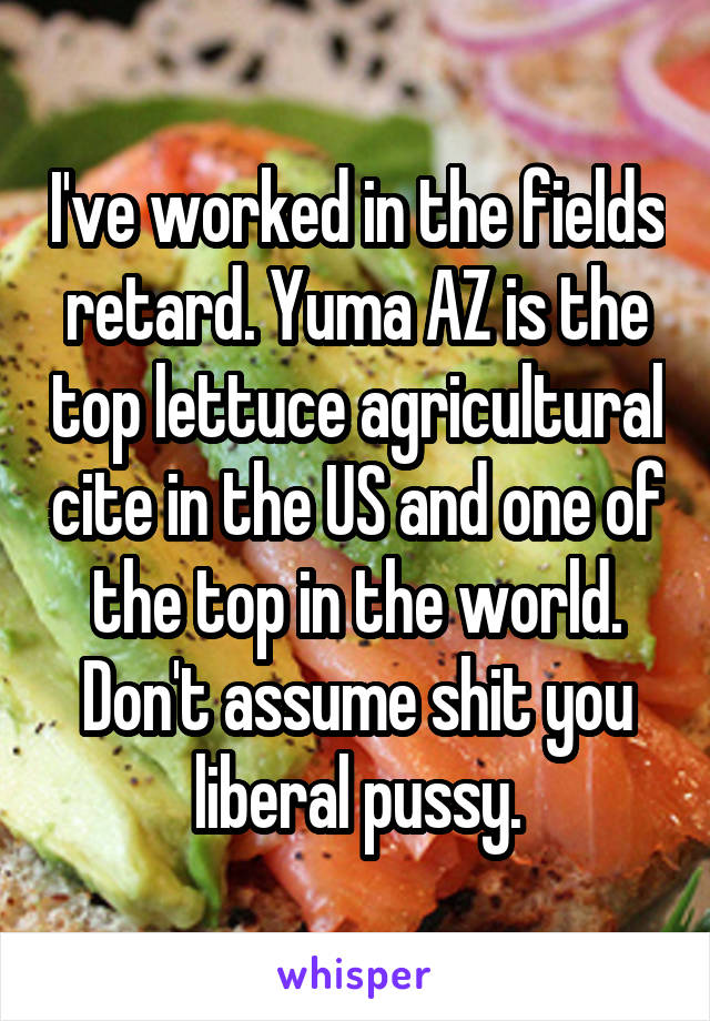 I've worked in the fields retard. Yuma AZ is the top lettuce agricultural cite in the US and one of the top in the world. Don't assume shit you liberal pussy.