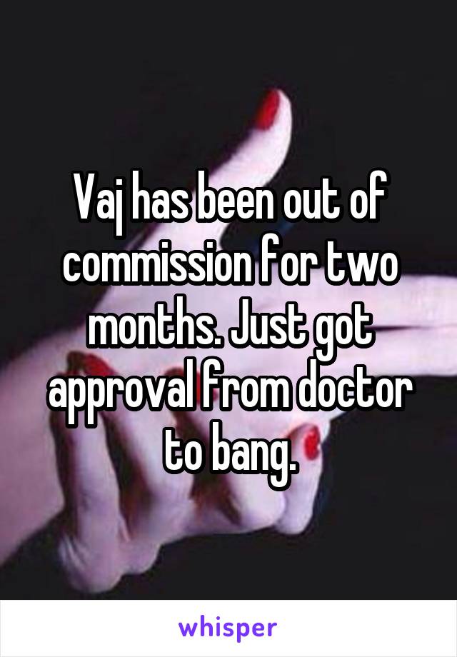 Vaj has been out of commission for two months. Just got approval from doctor to bang.