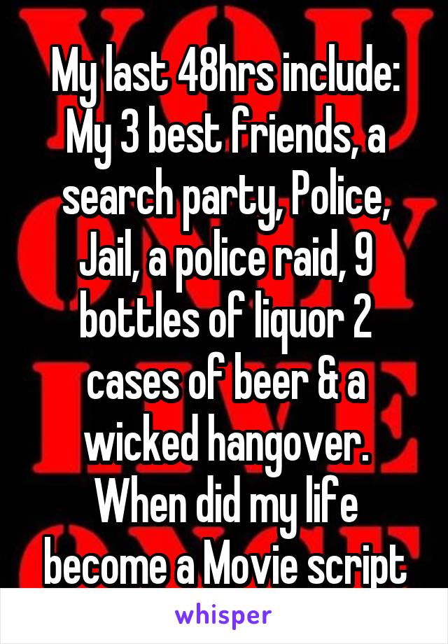 My last 48hrs include:
My 3 best friends, a search party, Police, Jail, a police raid, 9 bottles of liquor 2 cases of beer & a wicked hangover.
When did my life become a Movie script