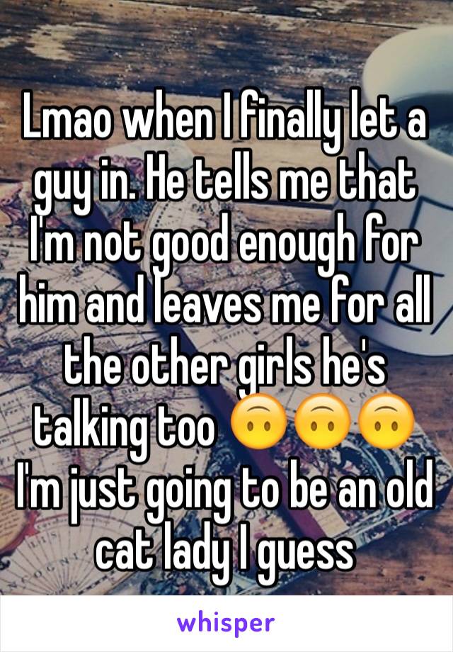 Lmao when I finally let a guy in. He tells me that I'm not good enough for him and leaves me for all the other girls he's talking too 🙃🙃🙃 I'm just going to be an old cat lady I guess 