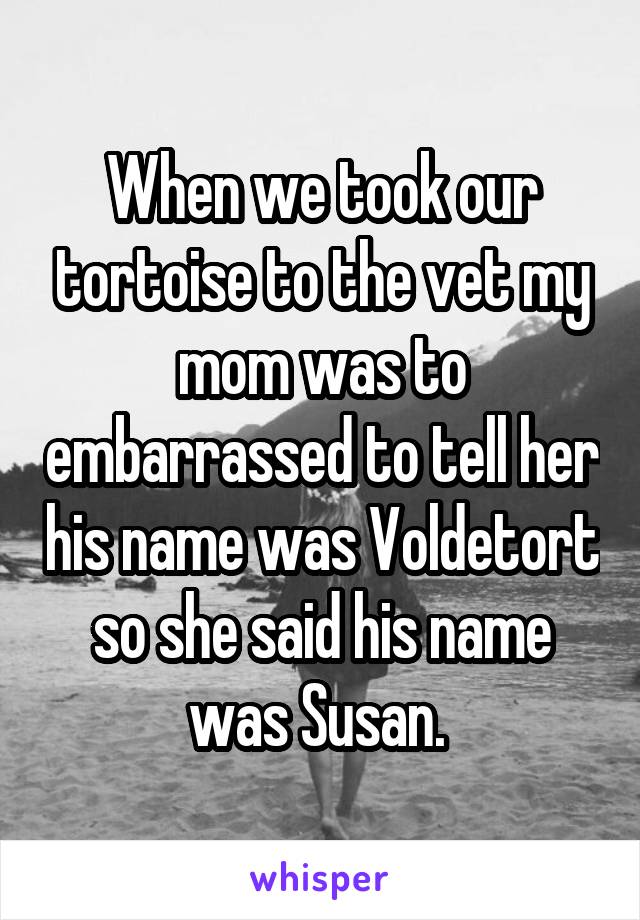 When we took our tortoise to the vet my mom was to embarrassed to tell her his name was Voldetort so she said his name was Susan. 