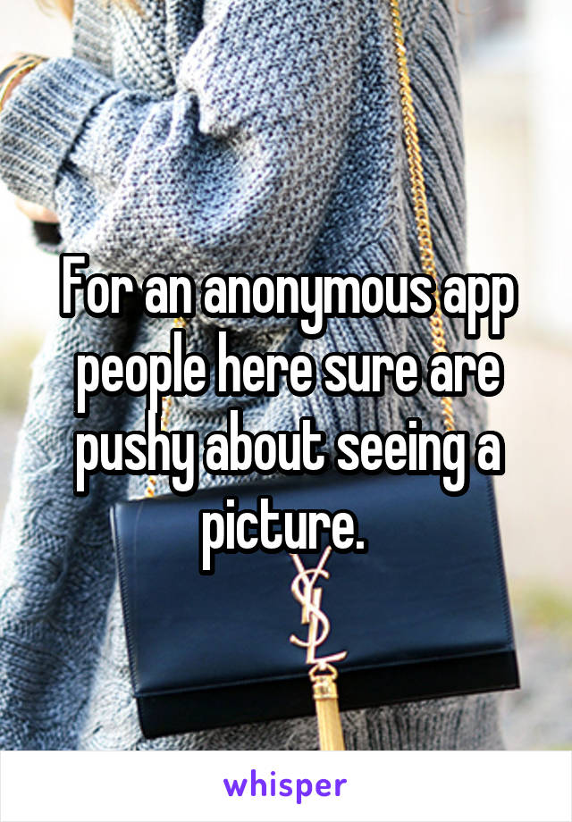 For an anonymous app people here sure are pushy about seeing a picture. 