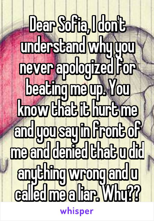 Dear Sofia, I don't understand why you never apologized for beating me up. You know that it hurt me and you say in front of me and denied that u did anything wrong and u called me a liar. Why??