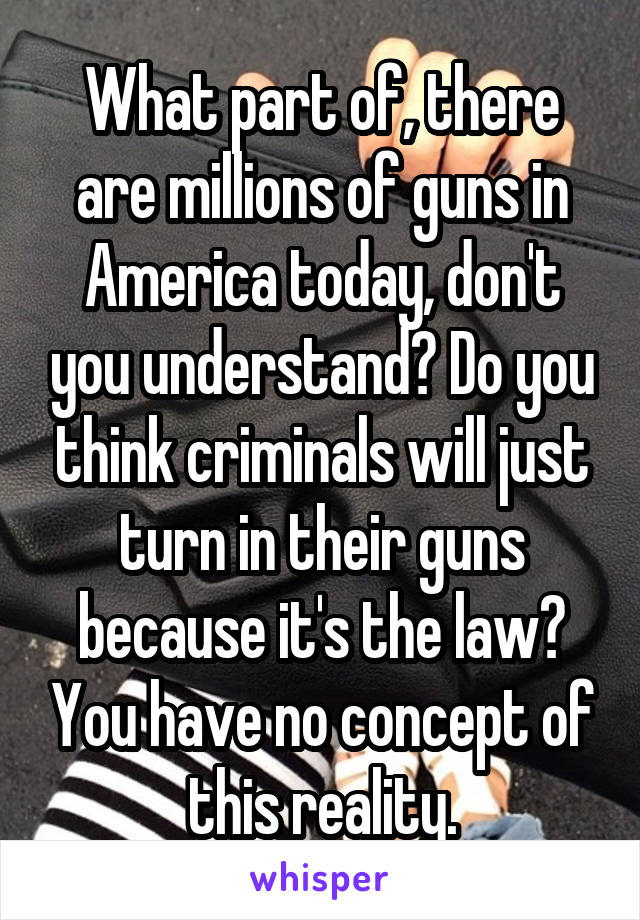 What part of, there are millions of guns in America today, don't you understand? Do you think criminals will just turn in their guns because it's the law? You have no concept of this reality.