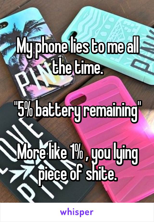 My phone lies to me all the time.

"5% battery remaining"

More like 1% , you lying piece of shite.