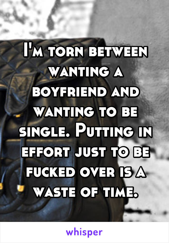 I'm torn between wanting a boyfriend and wanting to be single. Putting in effort just to be fucked over is a waste of time.