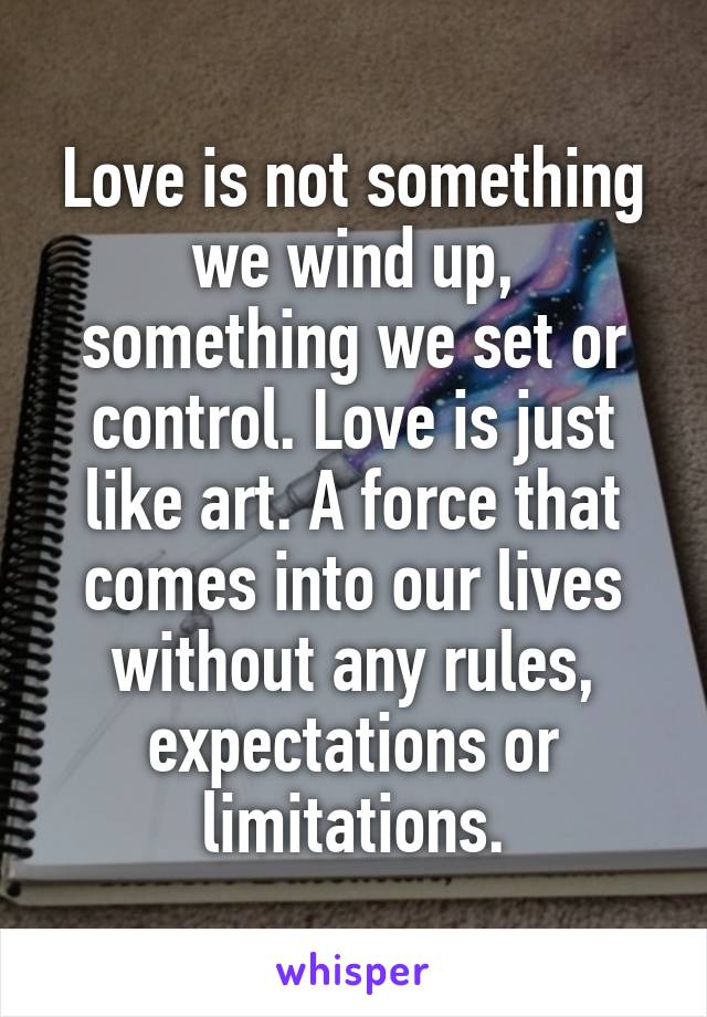 Love is not something we wind up, something we set or control. Love is just like art. A force that comes into our lives without any rules, expectations or limitations.