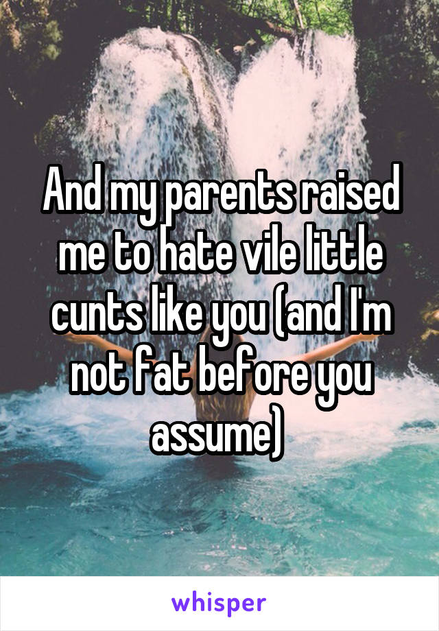 And my parents raised me to hate vile little cunts like you (and I'm not fat before you assume) 