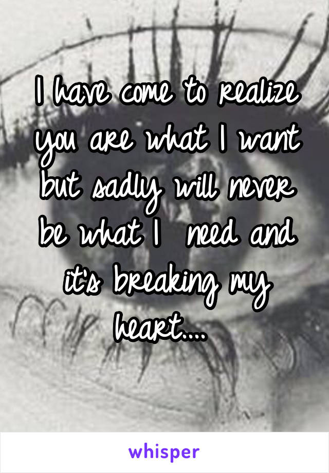 I have come to realize you are what I want but sadly will never be what I  need and it's breaking my heart.... 
