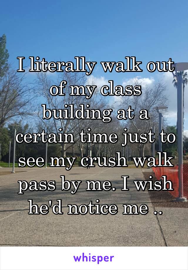 I literally walk out of my class building at a certain time just to see my crush walk pass by me. I wish he'd notice me ..