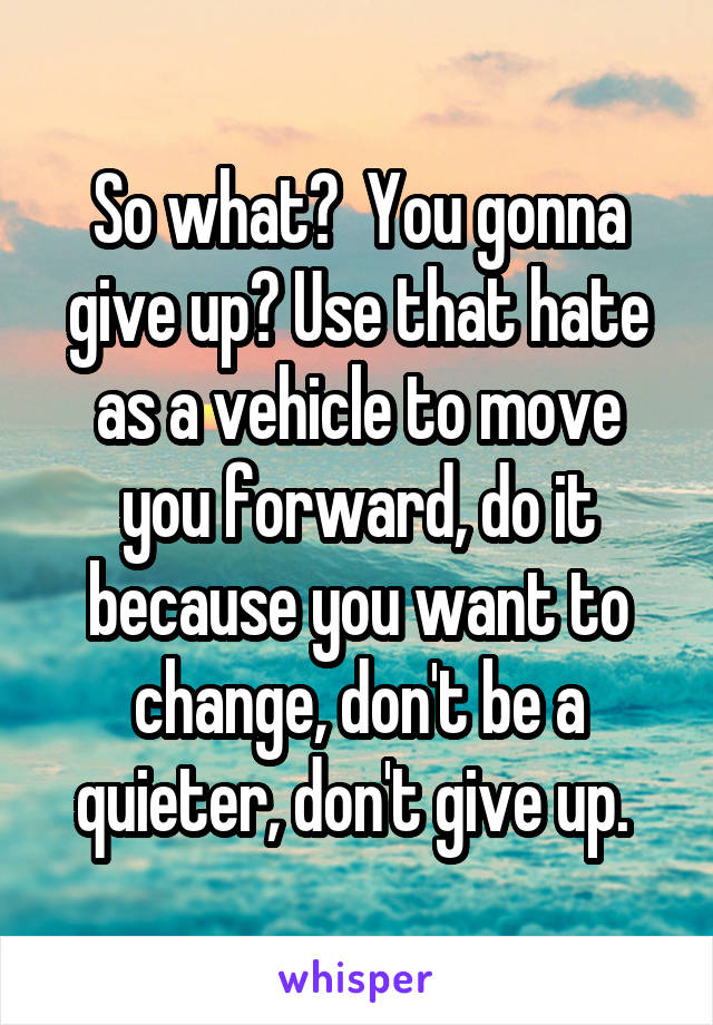 So what?  You gonna give up? Use that hate as a vehicle to move you forward, do it because you want to change, don't be a quieter, don't give up. 