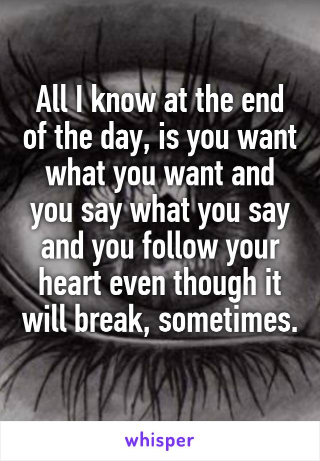 All I know at the end of the day, is you want what you want and you say what you say and you follow your heart even though it will break, sometimes. 