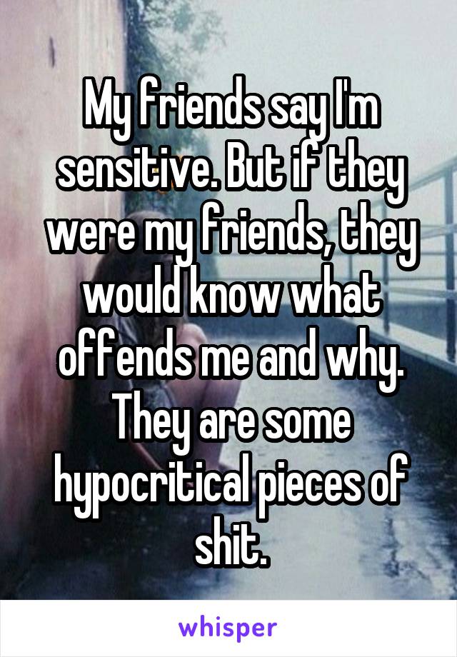 My friends say I'm sensitive. But if they were my friends, they would know what offends me and why. They are some hypocritical pieces of shit.