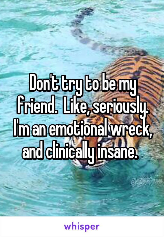 Don't try to be my friend.  Like, seriously. I'm an emotional wreck, and clinically insane.  