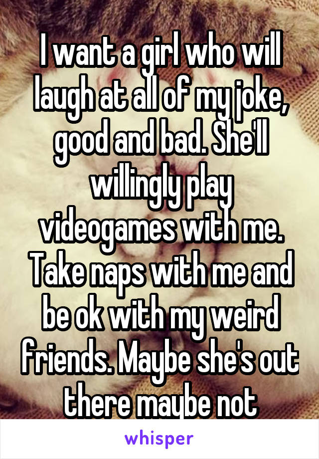 I want a girl who will laugh at all of my joke, good and bad. She'll willingly play videogames with me. Take naps with me and be ok with my weird friends. Maybe she's out there maybe not