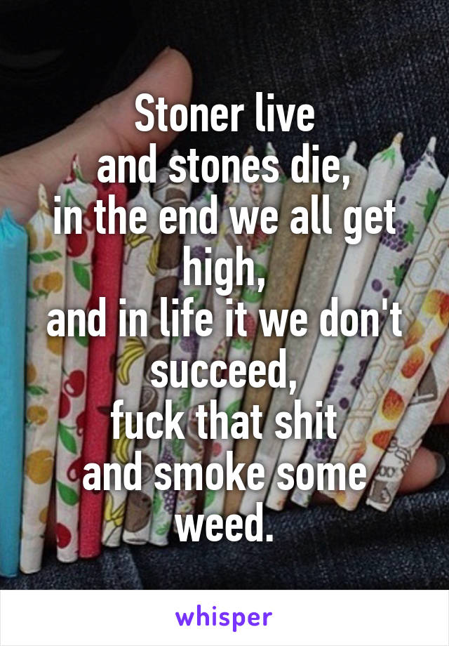 Stoner live
and stones die,
in the end we all get high,
and in life it we don't succeed,
fuck that shit
and smoke some weed.