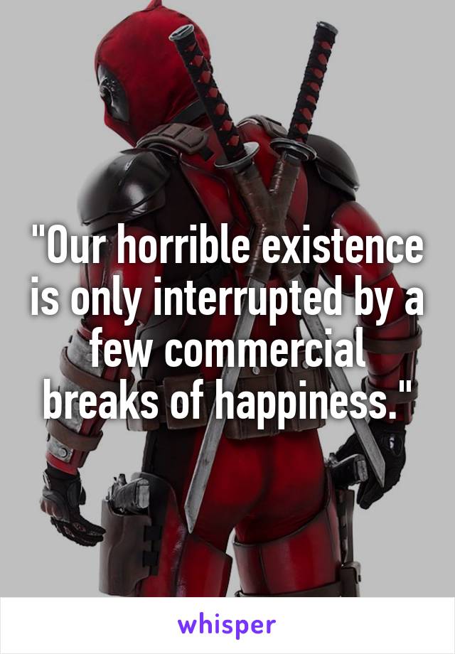 "Our horrible existence is only interrupted by a few commercial breaks of happiness."