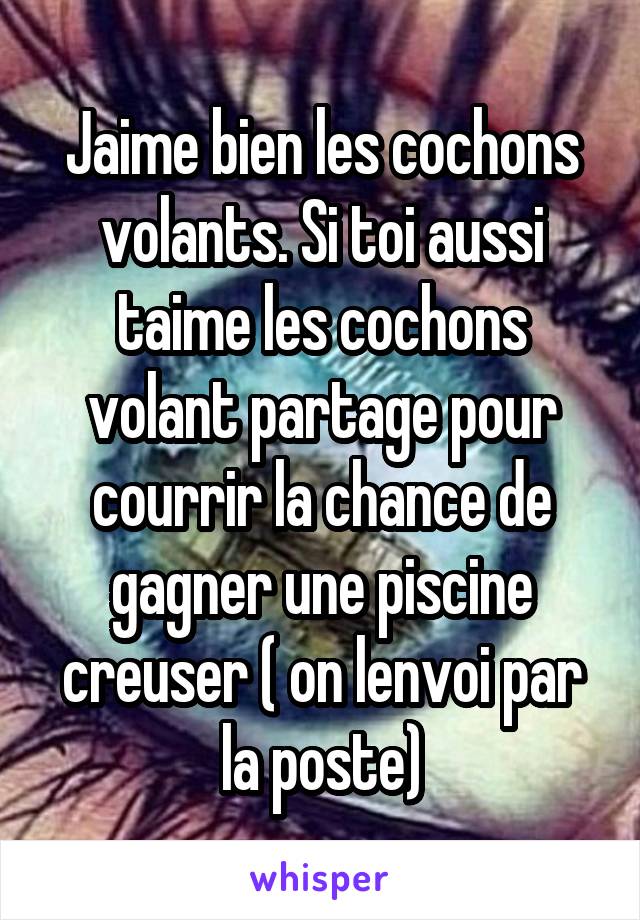 Jaime bien les cochons volants. Si toi aussi taime les cochons volant partage pour courrir la chance de gagner une piscine creuser ( on lenvoi par la poste)