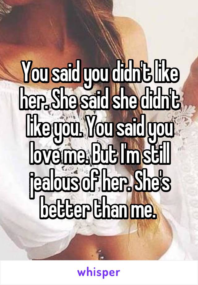 You said you didn't like her. She said she didn't like you. You said you love me. But I'm still jealous of her. She's better than me. 