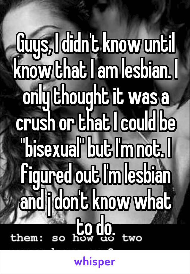 Guys, I didn't know until know that I am lesbian. I only thought it was a crush or that I could be "bisexual" but I'm not. I figured out I'm lesbian and j don't know what to do.