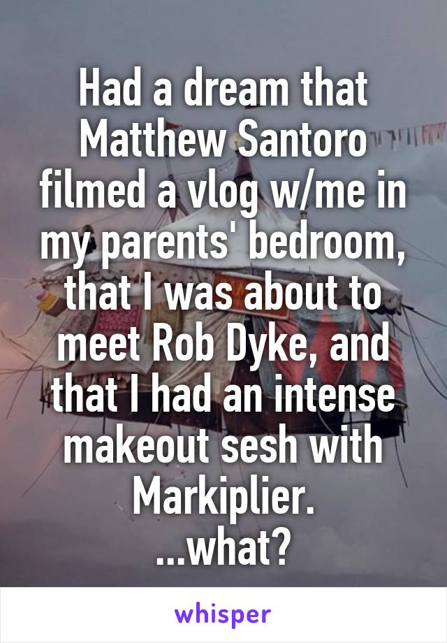 Had a dream that Matthew Santoro filmed a vlog w/me in my parents' bedroom, that I was about to meet Rob Dyke, and that I had an intense makeout sesh with Markiplier.
...what?