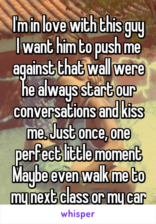 I'm in love with this guy I want him to push me against that wall were he always start our conversations and kiss me. Just once, one perfect little moment Maybe even walk me to my next class or my car