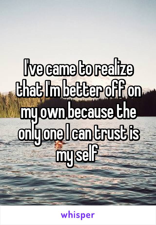 I've came to realize that I'm better off on my own because the only one I can trust is my self 